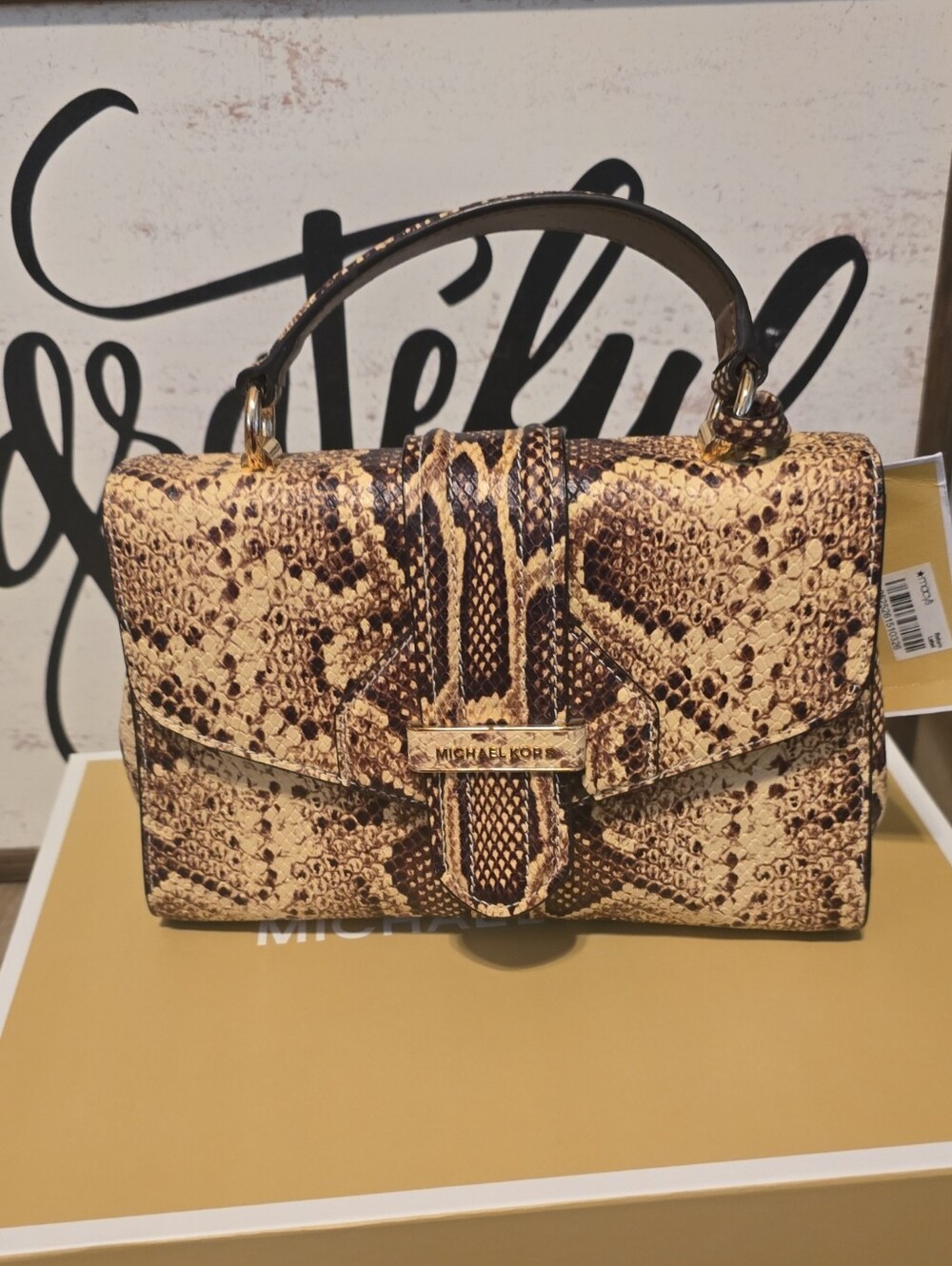 Michael Kors Brown Snake-Print Top Handle Bag